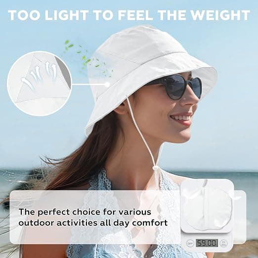 Sukeen Women's Lightweight Adjustable Bucket Hat for Summer Outdoor Use,Breathable & Soft Sun Hat UV Protection and Quick-Dry White