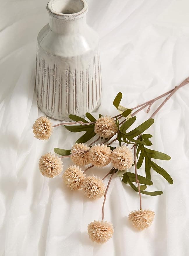 5Pcs Beige Pompon Mums Artificial Flowers,Fake Kiku Mini Silk Chrysanthemum with Long Stems-Silk Mums Faux Flowers for DIY Bouquet Centerpieces Wedding Fillers Home Decoration