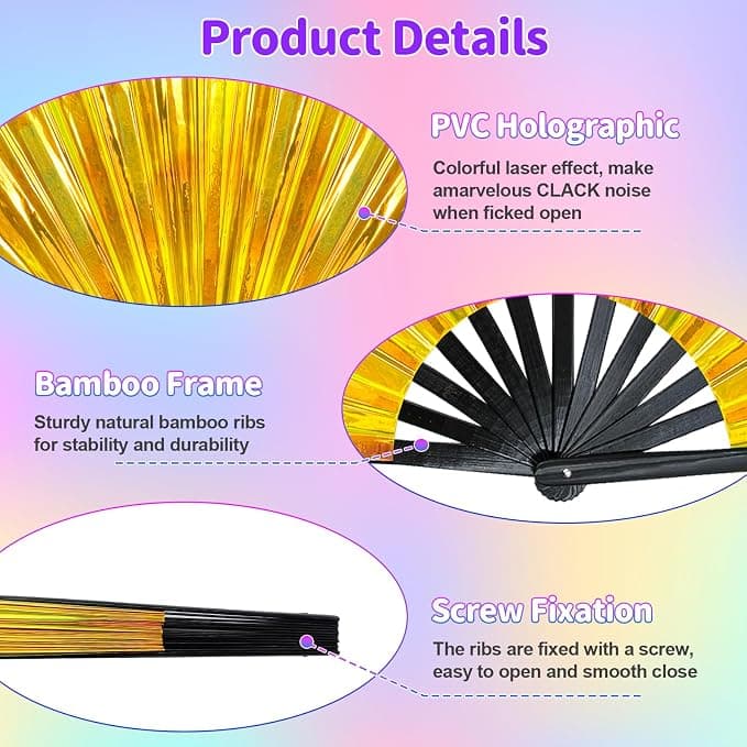 Maitys Large Rave Fan Folding Handheld Fans 13'' Clap Fans for Line Dancing Clack Fan Holographic Festival Accessory for Martial Art Gift Performance, Includes 2 Pouch(Laser Gold,2 Packs)