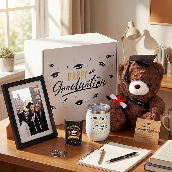 Patelai 7 Pcs Graduation Bear Set for Her Class of 2026 Graduation Gift Congrats Grad Box Gift Set Bear Compass Bracelet Photo Frame 12 oz Tumbler Keychain Card for High School College
