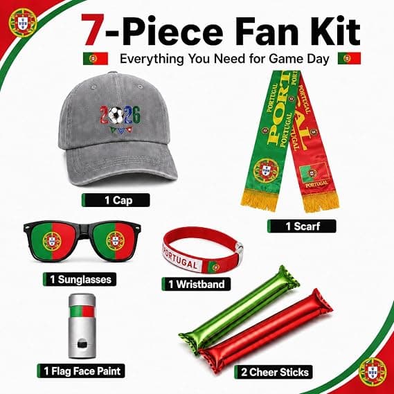 Portugal Soccer Fan Gear Set, 7 Pcs 2026 Game Day Accessories with Hat, Scarf, Flag Sunglasses, Wristband, Flag Face Paint & Cheer Sticks, Soccer Party Supplies for Watch Parties