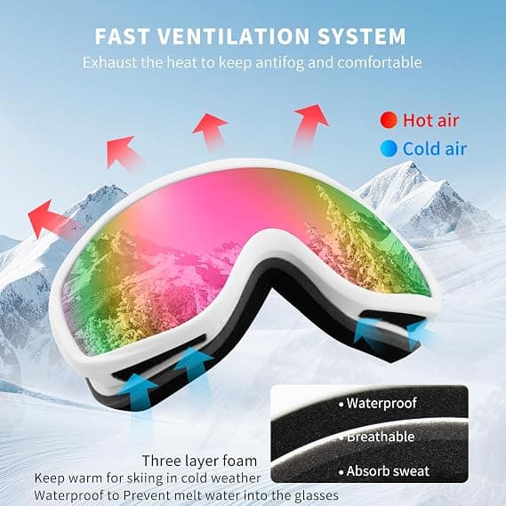 suoso OTG Ski Goggles for Men and Women, UV400 Protection Anti Fog Snowboard Goggles for Youth Adult Helmet Compatible