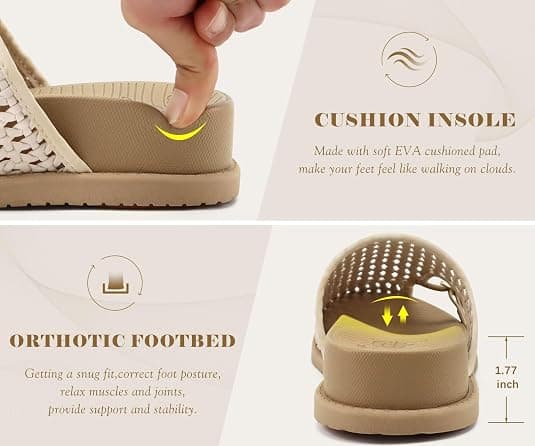 COFACE Womens Orthotic Sandals with Plantar Fasciitis Arch Support Summer Travel Fashion Flats Sandles Beach Essentials Comfort Thick Cushion Dressy Slides Breathable Woven Mesh Mules, Beige Size 8.5