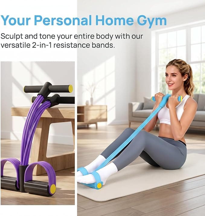 2 PackFoot Pedal Resistance Band, Blue & Purple 6-Tube Elastic Sit Up Pull Rope, Multifunctional Home Gym Equipment for Full Body Workout, Yoga, Abdomen, Waist, Arm & Leg Training for Women Men