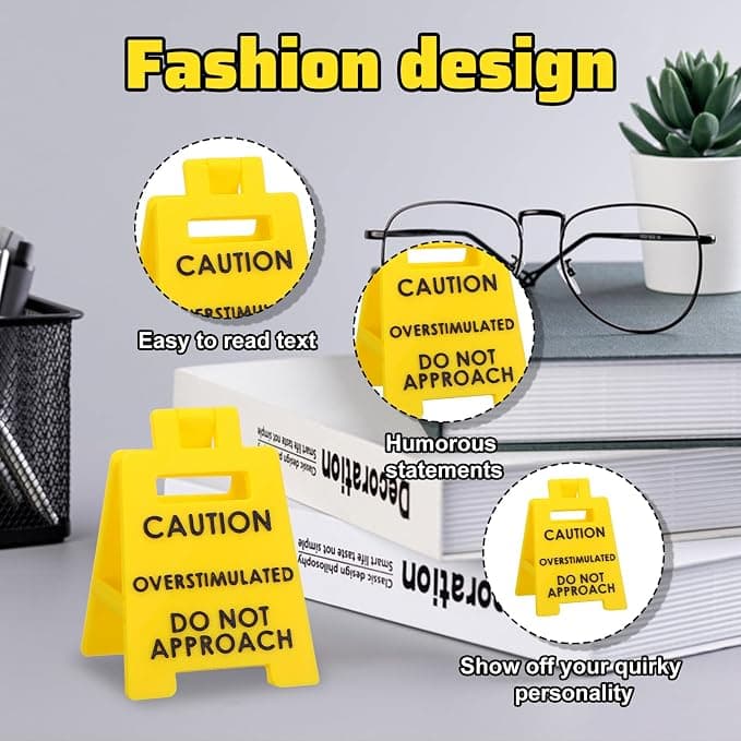 Funny Prank Gift Mini Caution Overstimulated Desk Sign for Coworkers Teammates Employees Boss (2PCS)