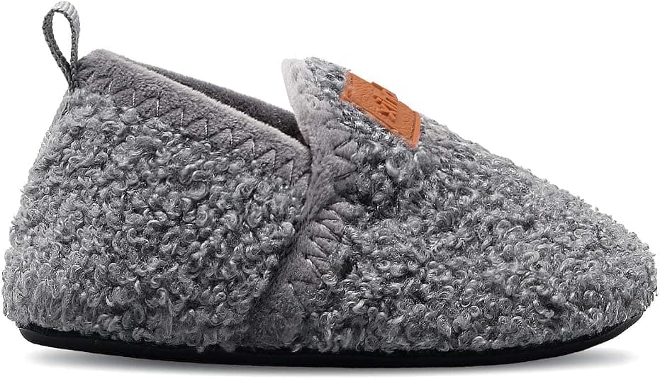 XIHALOOK Toddler Boys Girls Cozy Fleece Slippers with Non Skid Sole Bottom Warm Winter Socks Shoes Grey Lattice, 6.5-7.5 Toddler