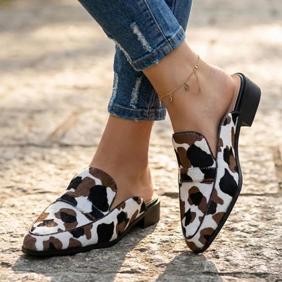VOLEECE Suede Mules for Women Square Toe Slip On Loafers Flats Low Heel Backless Slide Shoes for Casual Fashion Party Work (Cow Print,8.5)