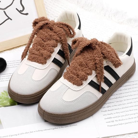 DELELE Soft Flat Fuzzy Shoelaces: 16mm Wide Brown Thick Furry Shoe Laces for Sneakers 1 Pair 39 inch