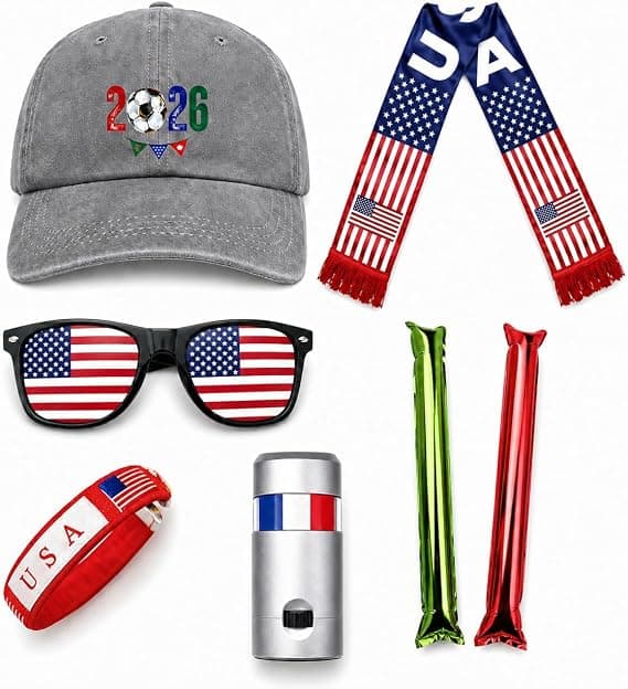 USA Soccer Fan Gear Set, 7 Pcs 2026 Game Day Accessories with Hat, Scarf, Flag Sunglasses, Wristband, Flag Face Paint & Cheer Sticks, Soccer Party Supplies for Watch Parties