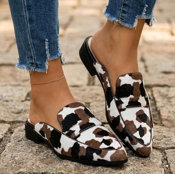 VOLEECE Suede Mules for Women Square Toe Slip On Loafers Flats Low Heel Backless Slide Shoes for Casual Fashion Party Work (Cow Print,8.5)