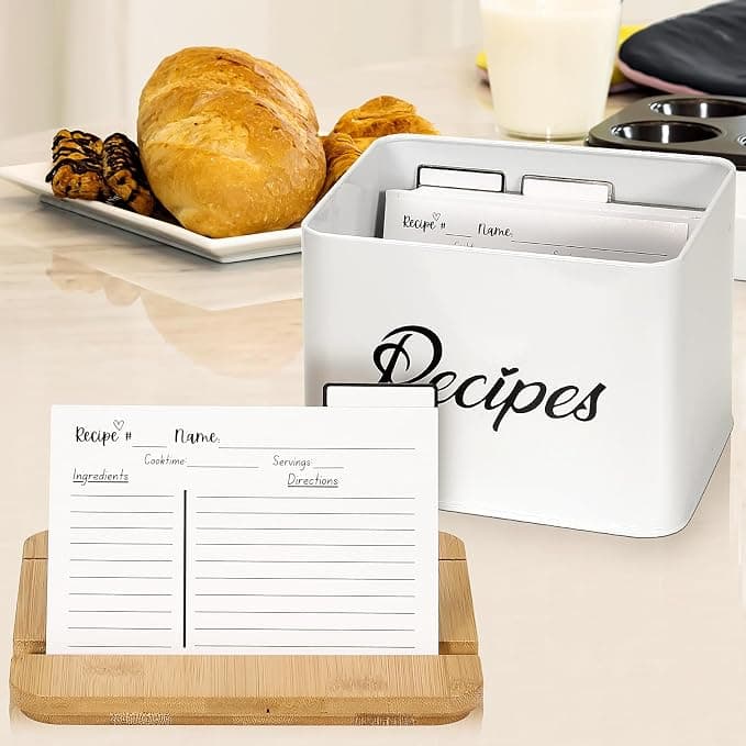 BooGoose. White Stainless Steel Recipe Box - Bamboo Lid With Phone Holder, Phone Stand and Recipe Card Holder - Includes Set of 50 3.9"x5.9" Recipe Cards and 12 Recipe Card Dividers