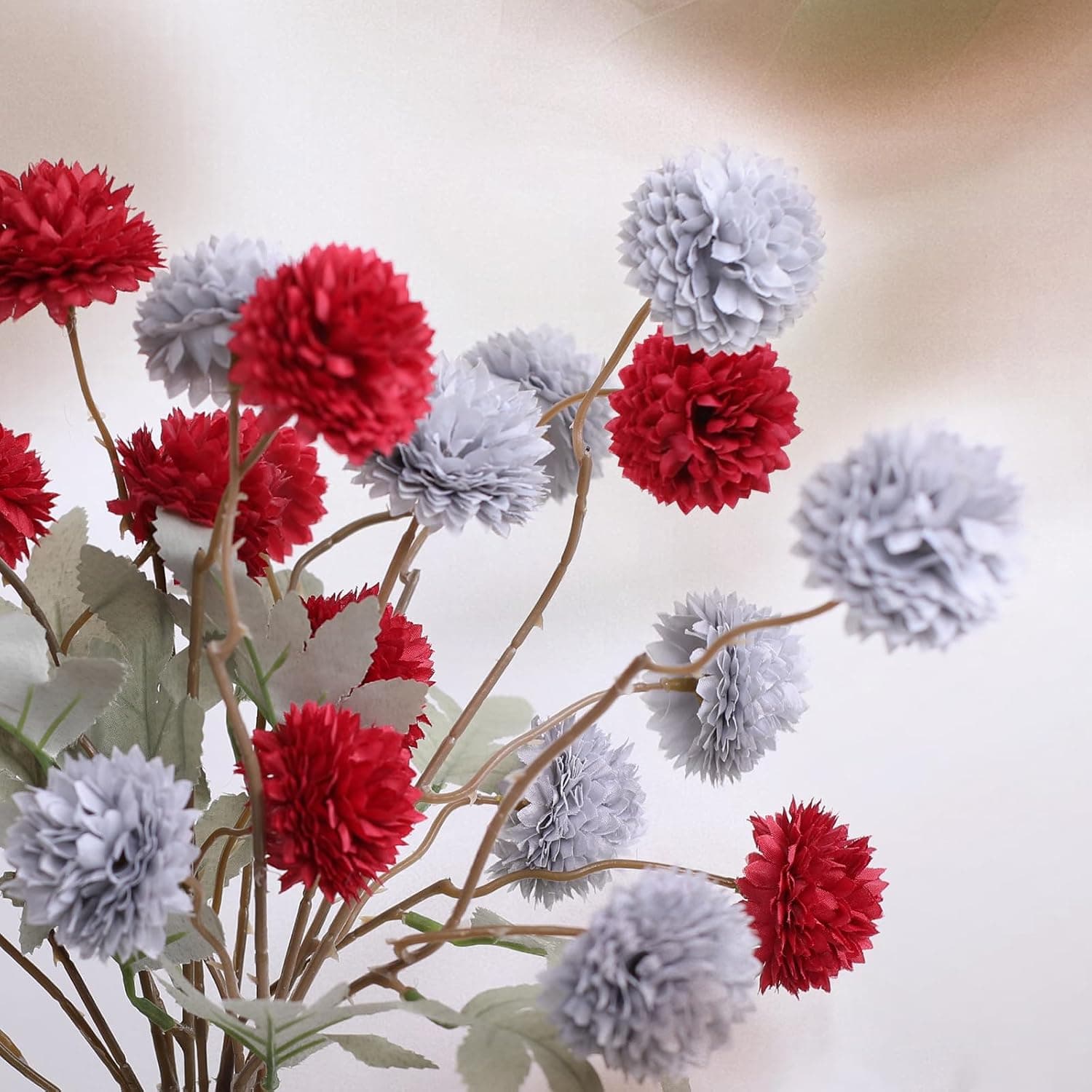 INQCMY Fake Fall Mums Artificial Kiku Blue Haze Red Flowers 20" Long Stem