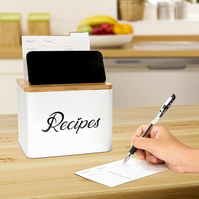 BooGoose. White Stainless Steel Recipe Box - Bamboo Lid With Phone Holder, Phone Stand and Recipe Card Holder - Includes Set of 50 3.9"x5.9" Recipe Cards and 12 Recipe Card Dividers