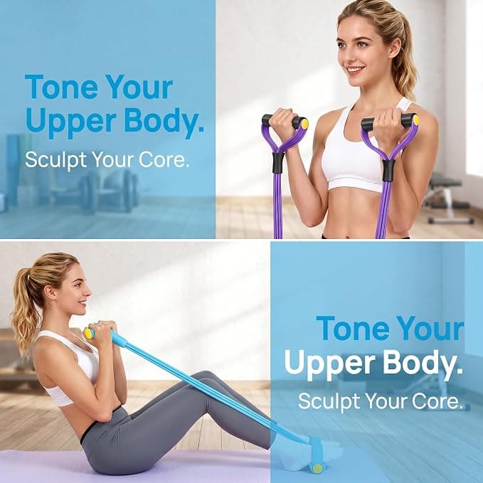 2 PackFoot Pedal Resistance Band, Blue & Purple 6-Tube Elastic Sit Up Pull Rope, Multifunctional Home Gym Equipment for Full Body Workout, Yoga, Abdomen, Waist, Arm & Leg Training for Women Men