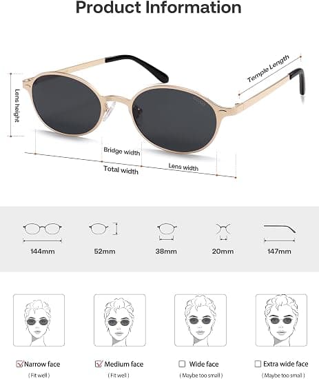 SOJOS Small Retro Oval Polarized Sunglasses Womens Mens, 80s 90s Chic Trendy Round Metal Frame Sunnies SJ1260, Gold/Grey