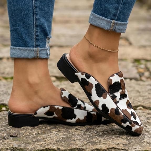 VOLEECE Suede Mules for Women Square Toe Slip On Loafers Flats Low Heel Backless Slide Shoes for Casual Fashion Party Work (Cow Print,8.5)