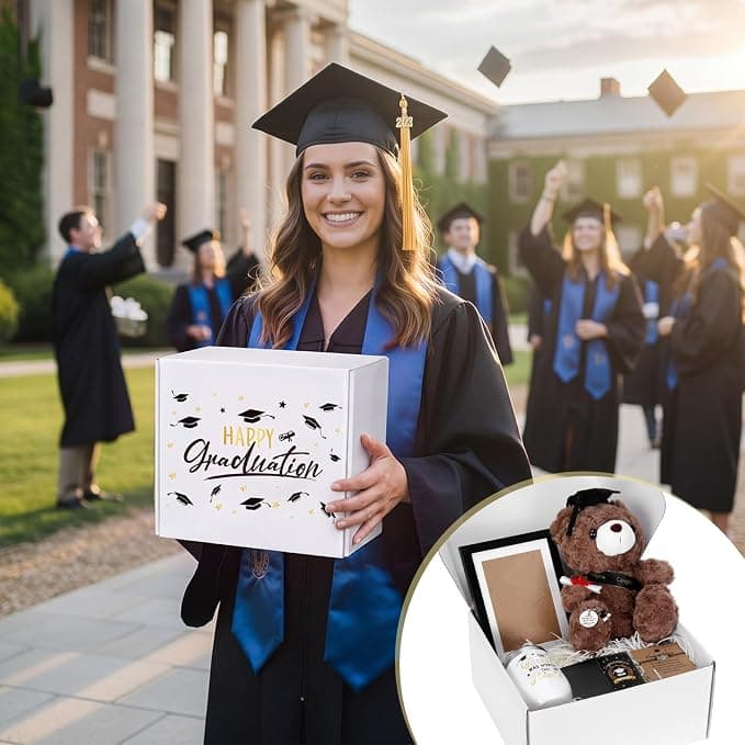Patelai 7 Pcs Graduation Bear Set for Her Class of 2026 Graduation Gift Congrats Grad Box Gift Set Bear Compass Bracelet Photo Frame 12 oz Tumbler Keychain Card for High School College