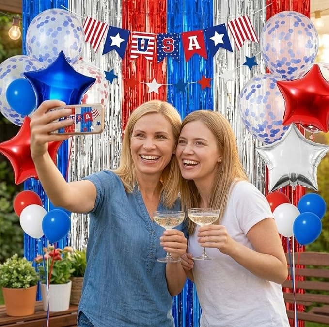 82 Pcs 4th of July Balloon Arch Garland Kit, Red White Blue Confetti Balloons Foil Fringe Backdrop USA Banner and Tablecloth, Patriotic Party Decorations for Memorial Day Labor Day