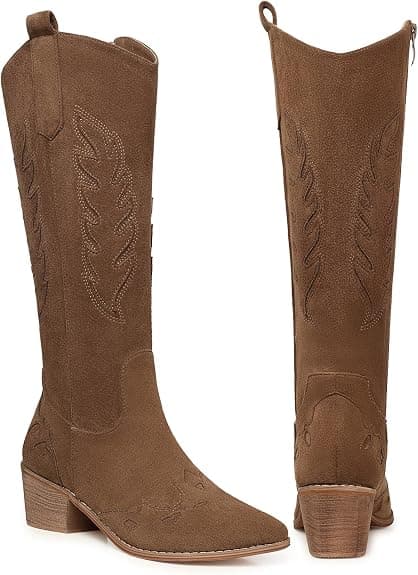 SHIBEVER Suede Knee High Cowboy Boots for Women Comfortable Tall Cowgirl Boots Zipper Low Heel Fall Winter Western Booties