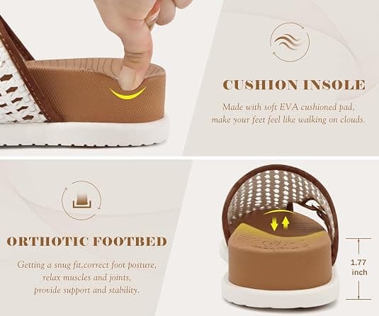 COFACE Womens Orthotic Sandals with Plantar Fasciitis Arch Support Summer Vacation Fashion Flats Sandles Beach Outfits Comfort Thick Cushio Dressy Slides Breathable Woven Mesh Mules, White Khaki Size 9