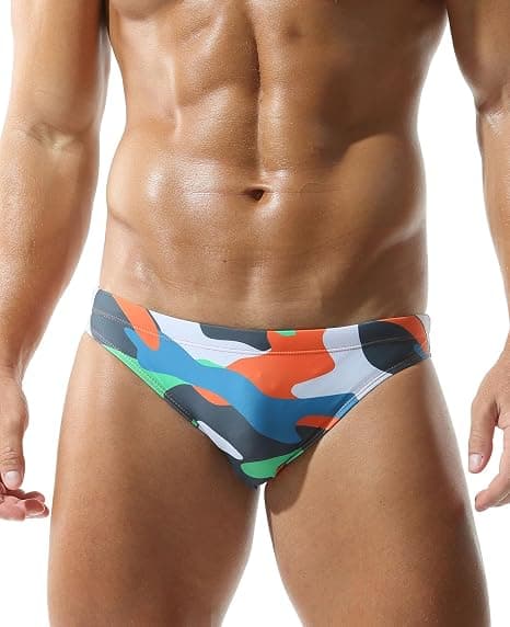 Mens Sexy Bikini Swimwear Camouflage Triangle Swim Trunks for Men 2" Stylish Swim Briefs (2551Orange, XL)