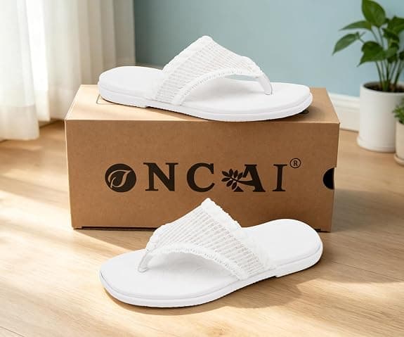 ONCAI Womens Flat Slide Sandals,Casual Yoga Mat Dressy Flip Flop Thong Sandals for Woman 2026 White US Size 7.5 Non-slip Rubber Sole Walking Summer Beach Comfort Lightweight Ladies Slide Shoes
