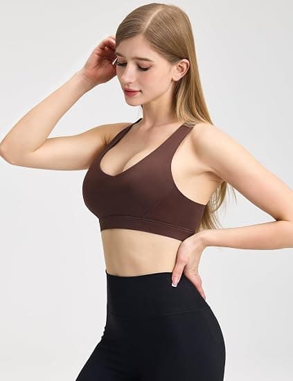 AugIris Sports Bras for Women Criss Cross Back - V Neck Adjustable Wide Straps High Support Removable Pad Gym Crop Tank Tops Coffee