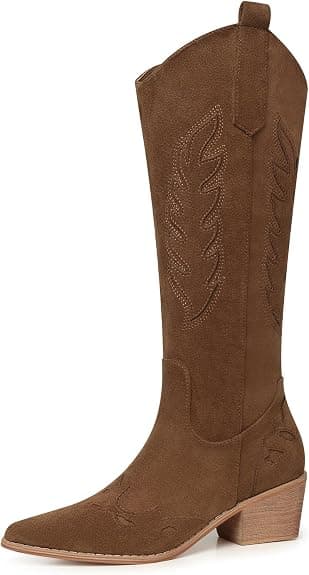 SHIBEVER Suede Knee High Cowboy Boots for Women Comfortable Tall Cowgirl Boots Zipper Low Heel Fall Winter Western Booties