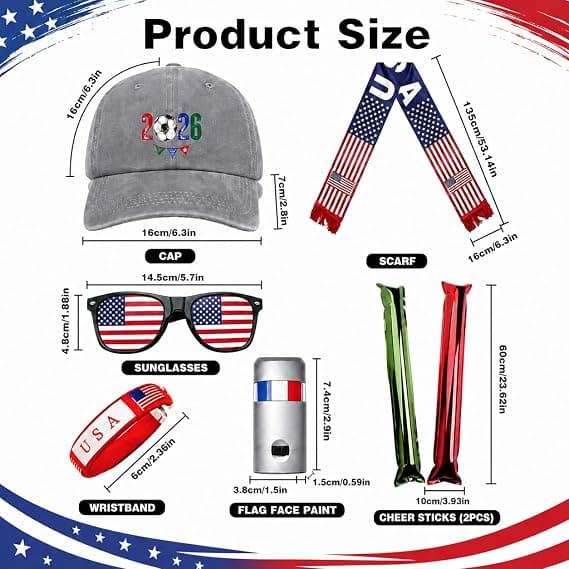 USA Soccer Fan Gear Set, 7 Pcs 2026 Game Day Accessories with Hat, Scarf, Flag Sunglasses, Wristband, Flag Face Paint & Cheer Sticks, Soccer Party Supplies for Watch Parties