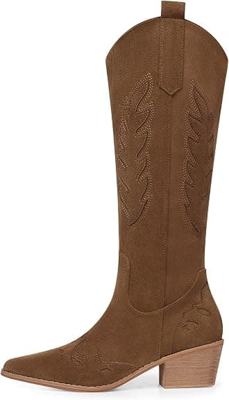 SHIBEVER Suede Knee High Cowboy Boots for Women Comfortable Tall Cowgirl Boots Zipper Low Heel Fall Winter Western Booties