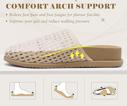 COFACE Womens Orthotic Sandals with Plantar Fasciitis Arch Support Summer Travel Fashion Flats Sandles Beach Essentials Comfort Thick Cushion Dressy Slides Breathable Woven Mesh Mules, Beige Size 8.5