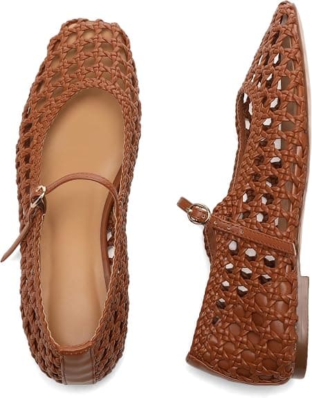 Molozoey Woven Mesh Ballet Flats for Women with Metal Buckle Strap Ballerina Flat Shoes Comfortable Round Toe Mary Jane Flat Brown.