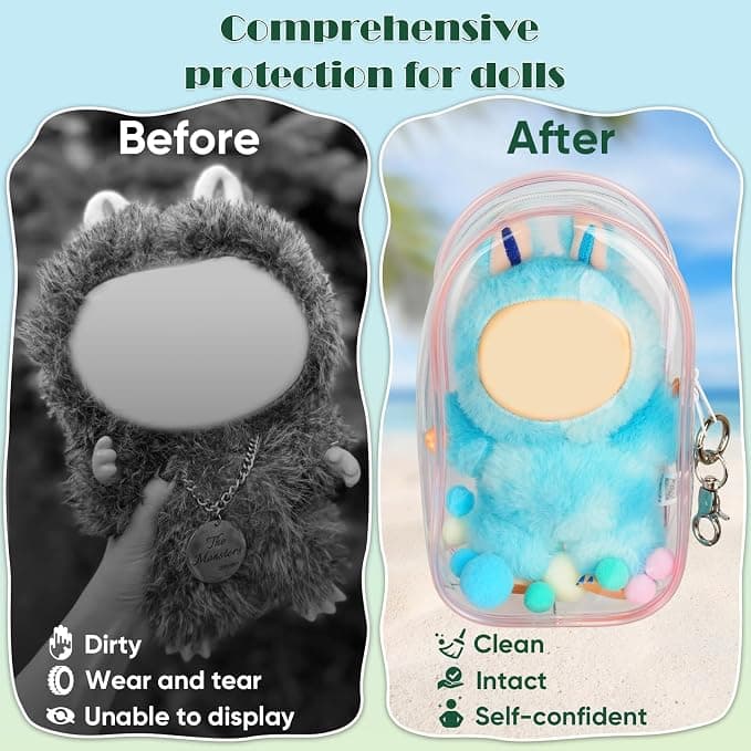 2PCS Clear Figure Display Bag Case for LABU,Cases for Blind Box Doll,Protective Case for Plush Doll,Doll Storage Bag,Clear Hanging Display Case Suitable for Dolls Under 17 CM