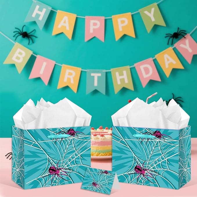 HZRNNA Blue Web Gift Bag, Large Birthday Gift Bag with Tissue Paper and Card for Halloween, Cosplay, and Birthday Party Decorations for Boy Girl