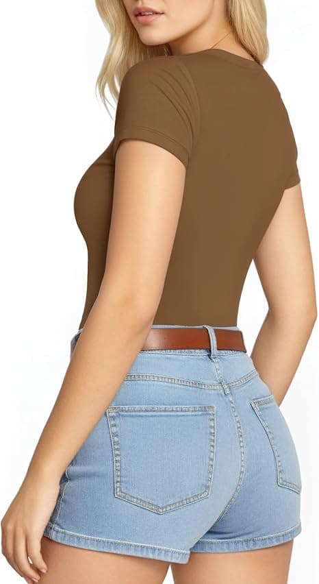 SHEIUGU Women's Crew Neck Short Sleeve Slim Fit T Shirts tops Basic Bodysuit Leotard Clothing(Short Sleeve Mocha-A,Small)