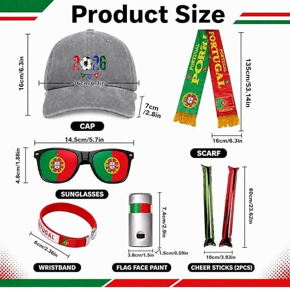 Portugal Soccer Fan Gear Set, 7 Pcs 2026 Game Day Accessories with Hat, Scarf, Flag Sunglasses, Wristband, Flag Face Paint & Cheer Sticks, Soccer Party Supplies for Watch Parties