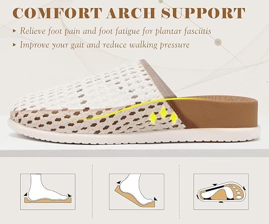 COFACE Womens Orthotic Sandals with Plantar Fasciitis Arch Support Summer Vacation Fashion Flats Sandles Beach Outfits Comfort Thick Cushio Dressy Slides Breathable Woven Mesh Mules, White Khaki Size 9