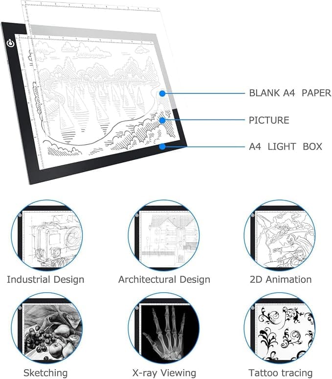 Black A4 Dimmable LED Artcraft Light Box Tracer Slim Light Pad Portable Tablet, USB Power Cable Copy Drawing Board Tracing Table for Artists Designing, Animation, Sketching, Stenciling X-ray Viewing