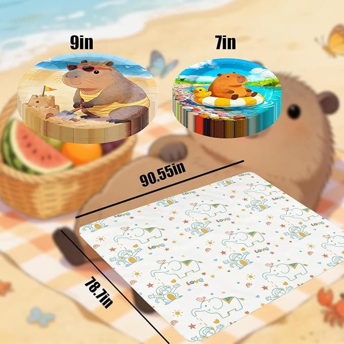 QPGJPD 141Pcs Capybara Paper Plates Capy Party Supplies Summer Party Decorations Cute Animals Tableware Set