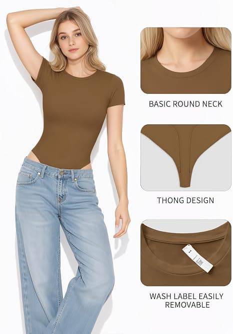 SHEIUGU Women's Crew Neck Short Sleeve Slim Fit T Shirts tops Basic Bodysuit Leotard Clothing(Short Sleeve Mocha-A,Small)
