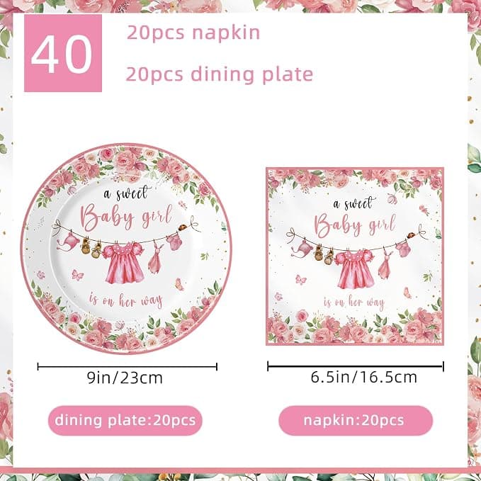 Kilyparty 40pcs Greenery Gender Reveal Baby Shower Supplies Party Boho Greency Party Decorations Tableware Set Dessert Plates Napkins for 20 Guests (Pink)