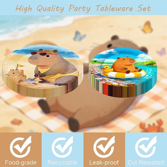 QPGJPD 141Pcs Capybara Paper Plates Capy Party Supplies Summer Party Decorations Cute Animals Tableware Set