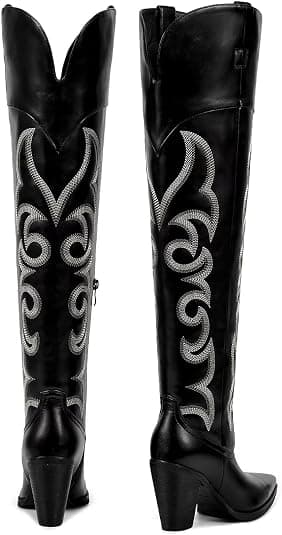 ISNOM Black Cowgirl Cowboy Boots for Women Thigh High Western Womens Over the Knee Tall Boots Chunky Heel Country Pointed Toe Wide Calf Embroidery Side Zipper Size 9