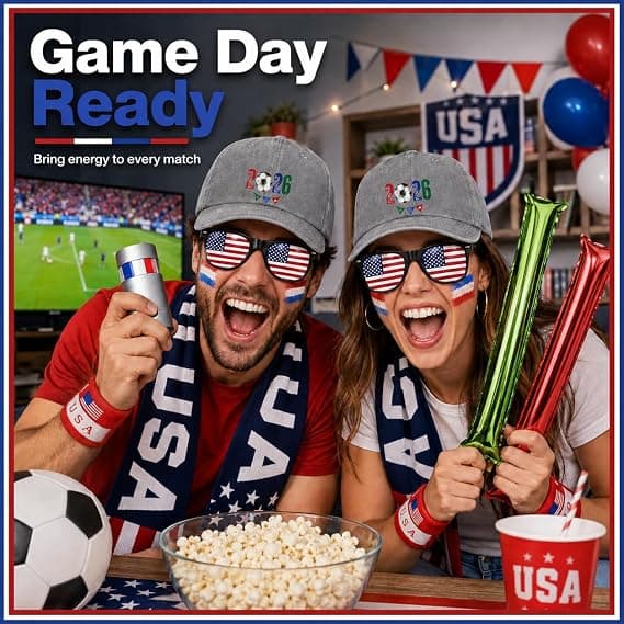 USA Soccer Fan Gear Set, 7 Pcs 2026 Game Day Accessories with Hat, Scarf, Flag Sunglasses, Wristband, Flag Face Paint & Cheer Sticks, Soccer Party Supplies for Watch Parties