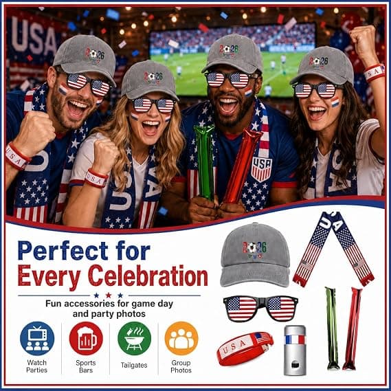 USA Soccer Fan Gear Set, 7 Pcs 2026 Game Day Accessories with Hat, Scarf, Flag Sunglasses, Wristband, Flag Face Paint & Cheer Sticks, Soccer Party Supplies for Watch Parties