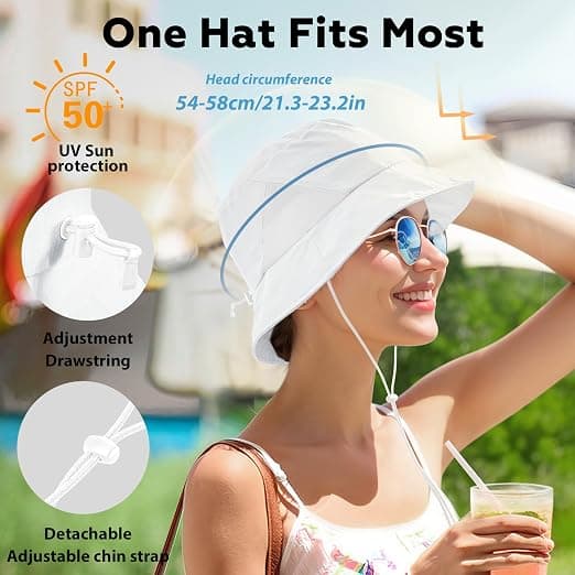 Sukeen Women's Lightweight Adjustable Bucket Hat for Summer Outdoor Use,Breathable & Soft Sun Hat UV Protection and Quick-Dry White