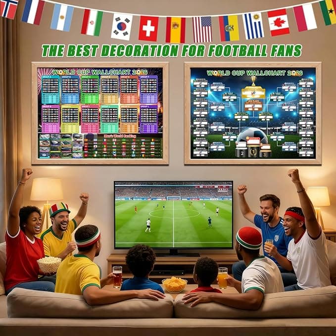 Drezesov 2026 World Cup Schedule Poster Set & 32 Countries String Flag Banner Set, A2 Size-23.4" x 16.5", 2 Pcs World Cup Merchandise 2026 Calendar Wall Chart and Fabric String Flags for Soccer Fans Gifts Home Office Bar Party Decor