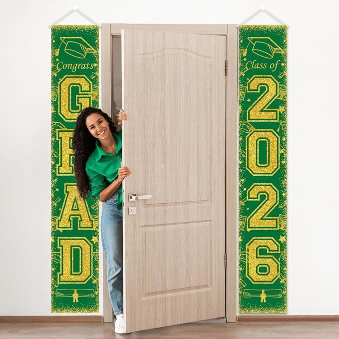 Green and Gold Class of 2026 Graduation Banner Graduation Porch Sign Congrats Grad Banner for Graduates Party Decorations Supplies