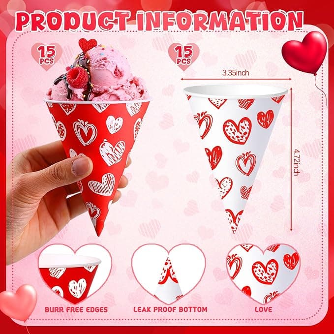 Honeydak 50 Pcs Snow Cone Cups 6 oz Disposable Paper Cone Cups, Red and White Patterned Shaved Ice Cup for Slushies, Ice Cream, Dessert Stations, Backyard Parties and Carnival Supplies