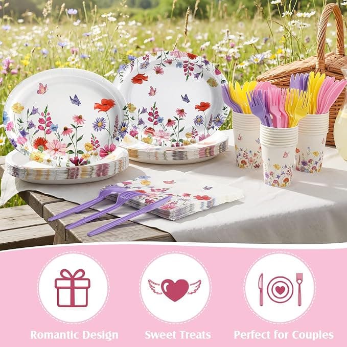 Singhoow 175 Pieces Flower Party Supplies Floral Party Tableware Set for 25 Guests Include Oval Dinner Plates Dessert Plates Napkins Paper Cups Plastic Forks Spoons Knives